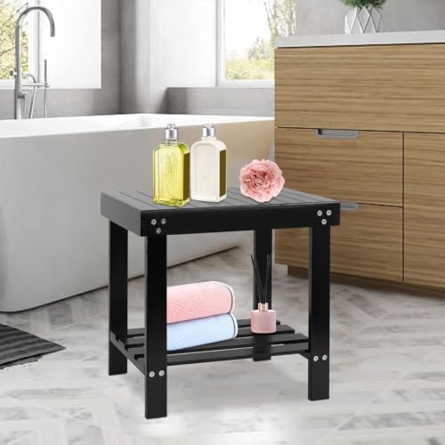 VaeFae Bamboo Spa Bench Seat Stool Foot Rest Shaving Stool with Non-Slip Feets Storage Shelf for Shampoo Towel,Works in Bathroom/Living Room/Bedroom/Garden Leisure (Black) - Image 2
