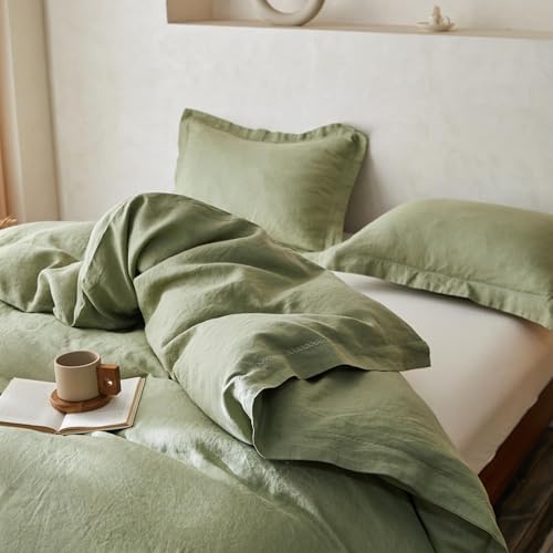 Simple&Opulence 100% Linen Duvet Cover Set with Crossed Embroidery Washed - 3 Pieces (1 Duvet Cover with 2 Pillow Shams) Soft Breathable Farmhouse - Sage Green, Queen Size - Image 6