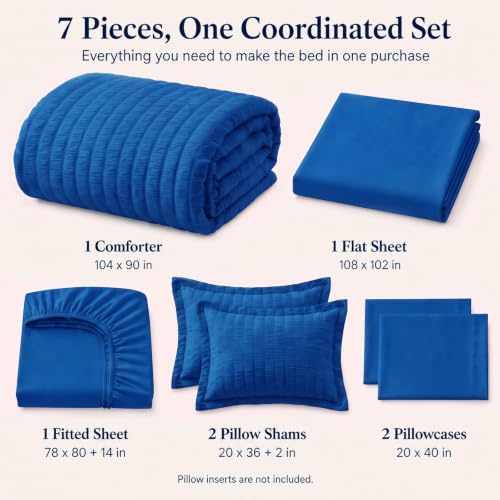 CozyLux King Comforter Set, 7 Pieces Classic Blue Seersucker Bed in a Bag - Image 2