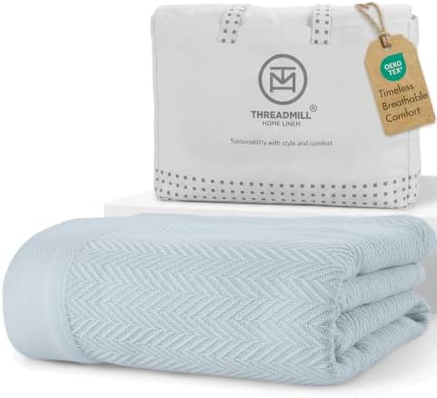 Threadmill Luxury 100% Cotton King Herringbone Blanket, Light Blue by ThreadmillHomeLinen