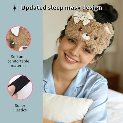PERFECTSIGHT Sleep Eye Masks, Cute Plush Sleep Eye Cover Lightweight Adjustable Eyeshade Faux Fur Mask Cover for Women Men Sleep Travel Nap, Coffee Lace Bear - Image 5