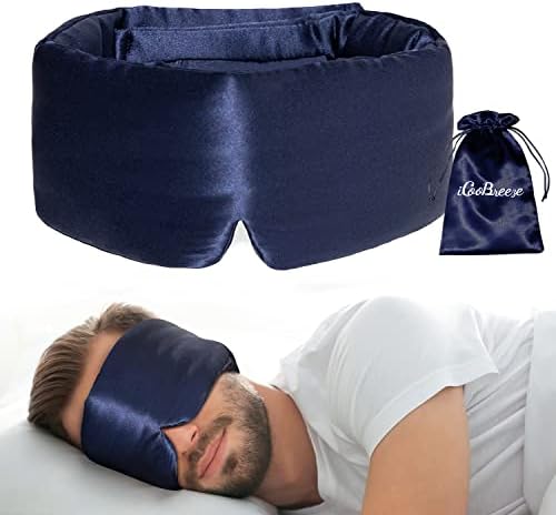 100% Natural Silk Eye Mask for Women Men, Soft Pressureless Cooling Blackout Eye Covers for Sleeping, Large Size Sleep Mask fits All Heads Adjustable, 1PC, Navy Blue by iCooBreeze