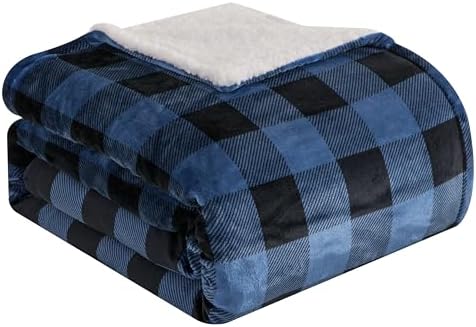 Elegant Comfort Ultra Soft Reversible Buffalo Plaid Flannel Sherpa Blanket - Cozy Silky Checkered Fleece Throw for Couch, Bed - Plush Fuzzy Warm Winter Blanket for Gift, King, Blue by ELEGANTCOMFORT