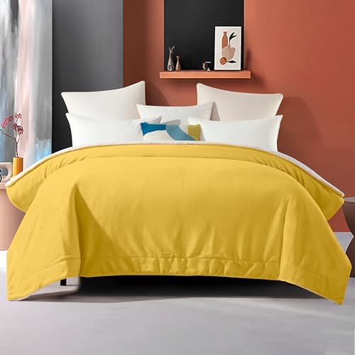 Elegant Comfort Ultra Soft Reversible Flannel Sherpa Blanket - Cozy Silky Fleece Throw for Couch, Bed - Plush Fuzzy Warm Winter Blanket for Gift, Twin, Yellow - Image 4