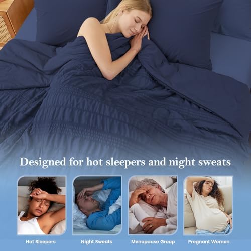 Cozy Bliss Striped Seersucker Cooling Comforter King Size, Lightweight Airflow Silky Cooling Bedding with Q-Max>0.45 for Bedroom, Home Decor, Hot Sleepers & Night Sweats, Navy Blue 106"×90" - Image 4