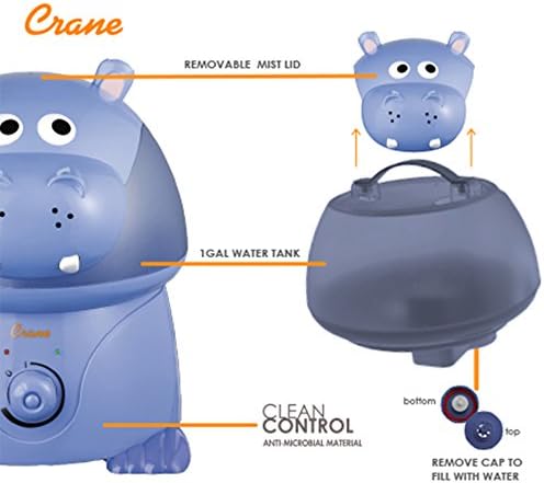 Crane Animal Humidifier for Kids Bedroom, 1 Gal. Cool Mist Humidifier with Adjustable Settings, Optional Filter, Auto Shut-Off, Hippo - Image 4