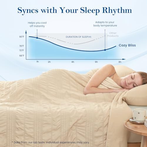 Cozy Bliss Striped Seersucker Cooling Comforter Twin Size, Lightweight Airflow Silky Cooling Bedding with Q-Max>0.45 for Bedroom, Home Decor, Hot Sleepers & Night Sweats, Khaki 68"x90" - Image 5