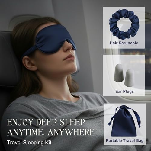 Navy Sleep Eye Mask, Blackout Silk Satin Travel Blindfold Set Women - Image 5