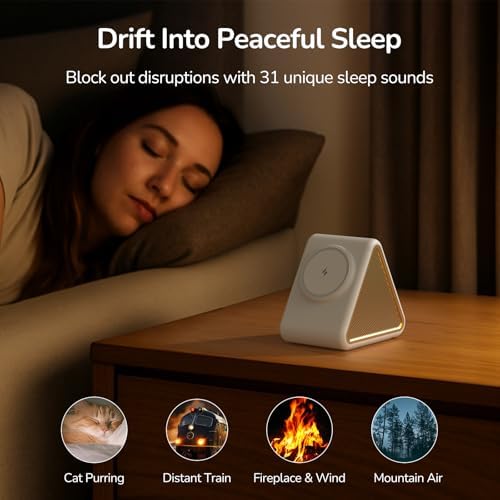 Housbay Sound Machine with Magnetic Wireless Charger for iPhone, 2-in-1 Design for Clutter-Free Nightstand, Dual-Speaker Stereo Sound for Sleeping - Cream - Image 3