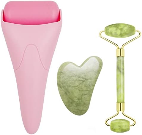 3 in 1 Ficial Face Ice Jade Roller and Gua Sha Tool, Natural Real Jade Anti-Wrinkle Face Eye Neck Massager Tool, Reduce Wrinkles, Puffiness, Migraine, Redness, Pain and Injury，Pink by Chikoni