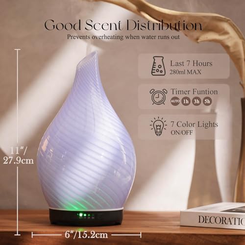 Porseme Essential Oil Diffuser 280ml Handmade Glass Diffuser 7H Runtime - Image 3