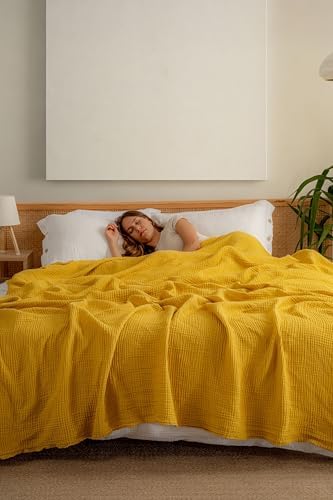 Muslin Blanket - Pure 100% Turkish Cotton Airy Soft Light Versatile Gauze Throw Blanket for Bed, Couch, Sofa (Mustard Yellow, Twin XL Size (71" x 95" inch)) by RAYMETEKSTIL
