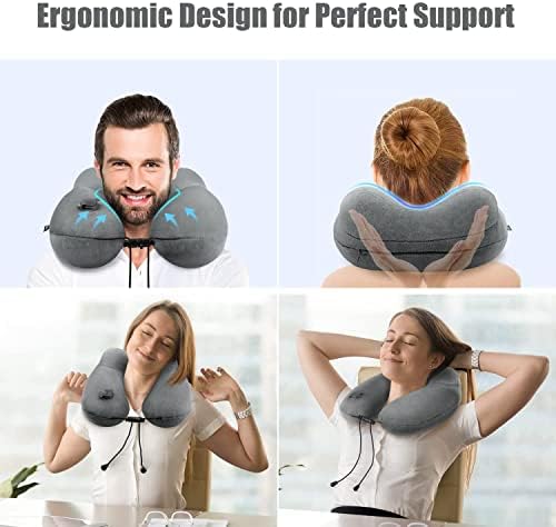Inflatable Travel Neck Pillow for Airplanes, Super Soft Velvet Neck Support, Adjustable Firmness, Blow Up Plane Pillow for Long Flights, Road Trips, Travel Essentials with Eye Mask, Earplug - Image 2