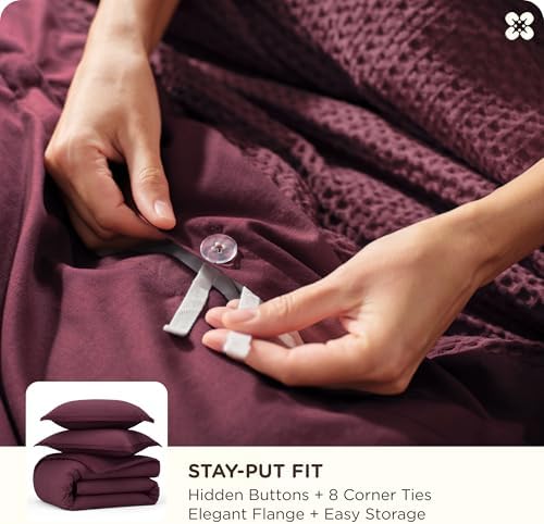 Bedsure PureWoven 3 Pieces Cotton Waffle Duvet Cover Set, King, Burgundy - Image 5