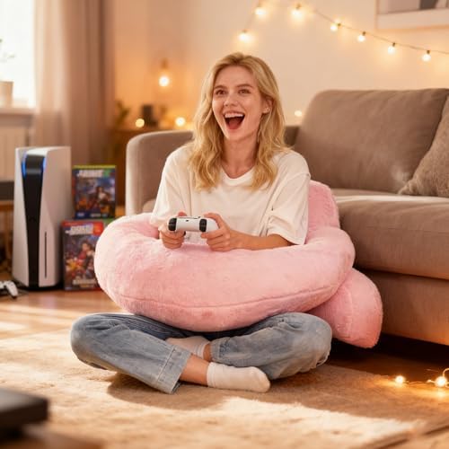 17" Reading Pillow for Bed,U Shaped Arm & Elbow Support,Pink Faux Fur - Image 2