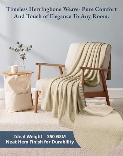 LANE LINEN 100% Cotton Blanket Queen, Textured Herringbone Weave - Image 3