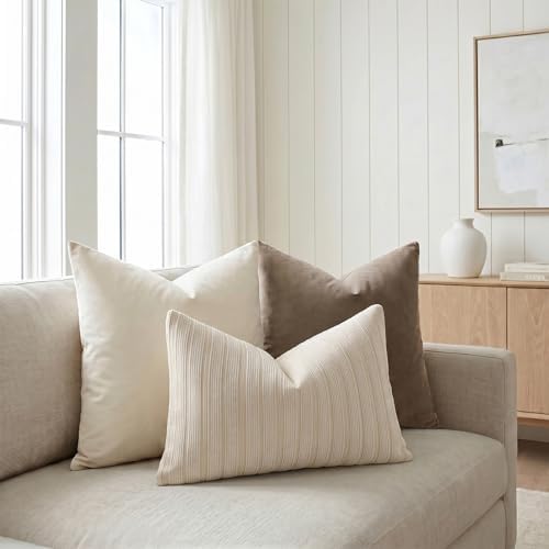 DEZENE 14x24 Taupe Lumbar Pillow Covers Soft Striped Corduroy Neutral Rectangular Throw Pillow Cases for Couch Sofa Bedroom Living Room Home Decor - Image 6