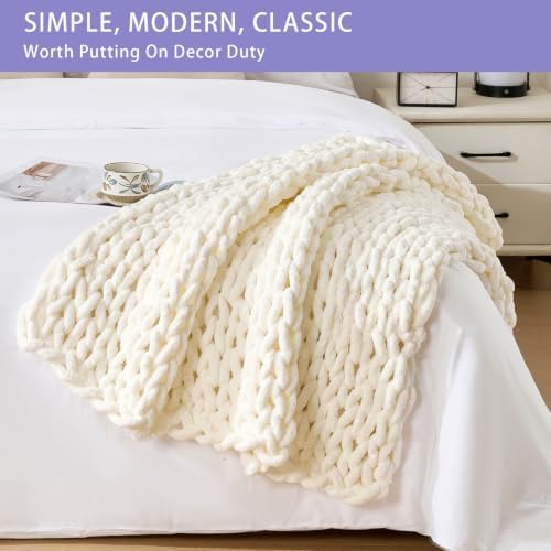 Bigacogo Chunky Knit Throw Blanket for Couch, 40x40 inches, Ivory - Image 3