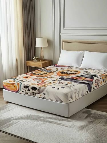 Halloween King Flat Sheet Candy Pumpkin Flat Sheets Only Soft Bedding Top Sheets Luxury Hotel Quality Witch Hat Eyeball Skull Ghost Linen King Bed Sheet for All Season Bedroom Dorm Halloween Decor - Image 7