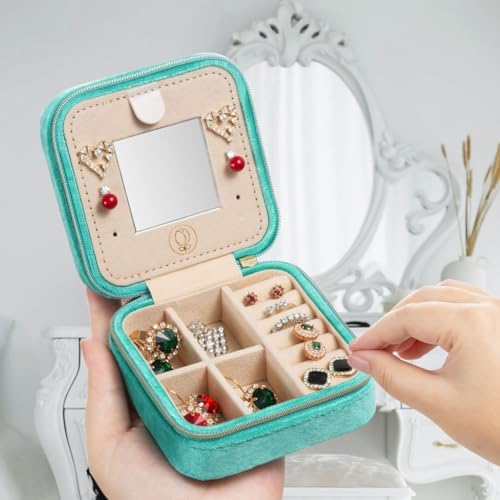ZPROW Plush Velvet Travel Jewelry Case, Travel Jewelry Organizer, Jewelry Travel Case, Travel Jewelry Box, Small Jewelry Case, Jewelry Travel Box, Earring Organizer with Mirror - CyanBlue - Image 2