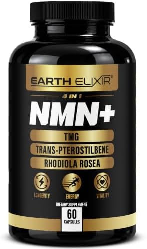 Earth Elixir NMN Supplement 500mg with TMG 500mg, Rhodiola Rosea & Trans-Pterostilbene - 4 in 1 NAD+ Supplement for Men & Women - Cellular Energy, Methylation & Healthy Aging - 60 Vegan Capsules by EarthElixir