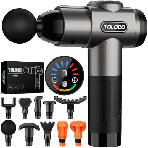 TOLOCO Massage Gun, Deep Tissue Back Massage for Athletes for Pain Relief, Percussion Massager with 10 Massages Heads & Silent Brushless Motor, Fathers Day Dad Gifts, Grey by TOLOCO