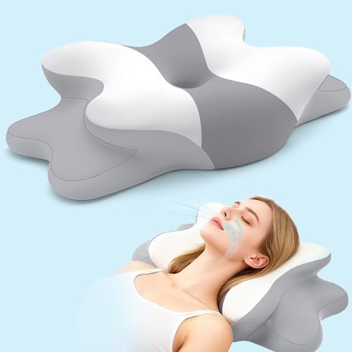 Sleep Apnea Pillow with Neck Pain & Snoring Relief -Orthopedic Cervical Pillow,Ergonomic Contour Memory Foam Pillow for Side, Back,Stomach,Dreamers,Medium Firm (Greywhite, Queen Size) by WENGTY