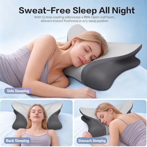 Pain Relief Cervical Neck Pillow, Ergonomic Contour | Q-Max Cooling | Non-Temperature Memory Foam | Side/Back/Stomach Sleeper Support for Sleeping, Reading, Scrolling (Light Grey & Dark Grey) - Image 5
