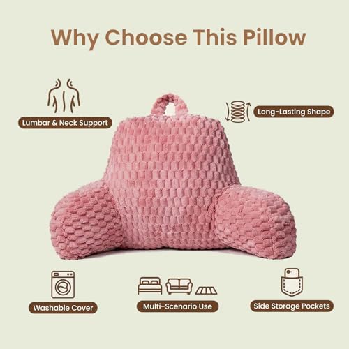 Reading Pillow for Bed, Adults Back Pillow for Sitting up, Husband Pillow for College Dorm, Back Support Cushion with arms for sit up on Couch, Sofa, and Floor,Pink - Image 3