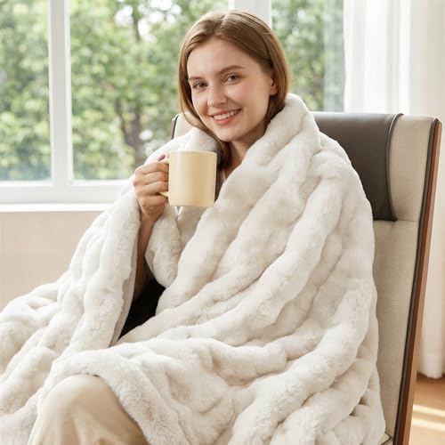 ORINOVA Light Beige Faux Fuzzy Fur Blanket Queen Size 90x90 Ultra Soft Thick Fluffy Blanket Queen for Bed Couch Cozy Furry Home Decor 1000 GSM - Image 3