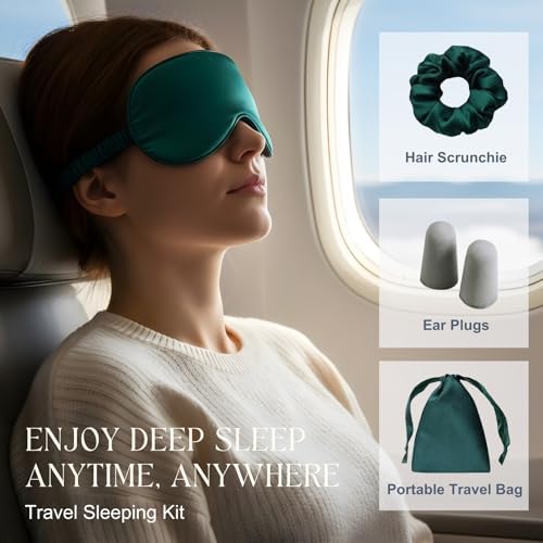 Green Sleep Eye Mask, Blackout Silk Satin Travel Blindfold Set Women - Image 6