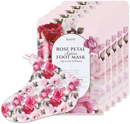 koelf Rose Petal Satin Foot Mask (5 Pairs) - Korean Skin Care, Nourishing & Moisturizing Socks, Rose Scented Foot Masks with Peptides, Collagen, Shea Butter & Urea for Soft, Smooth Feet by koelf