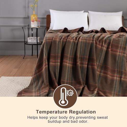 YOUR MOON 100% Merino Wool Blanket, King 90 x 108 in, Plaid Brown - Image 6