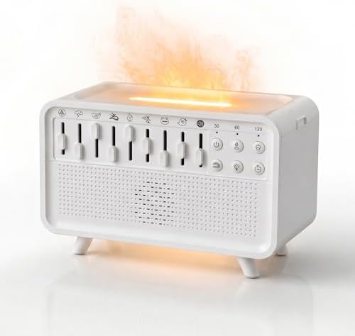 White Noise Machine with 8 Mixable Nature Sounds, Flame Light & Aroma Diffuser – Desktop Sound Machine for Sleep, Office, Yoga & Meditation, with Timer, Bluetooth & USB Power by Unknown