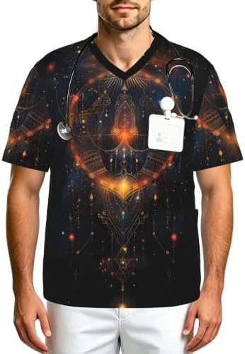 Men's Scrub Top,V-Neck Spill Wrinkle Resistant,3 Pockets-Mysterious Universe (4) by Unknown