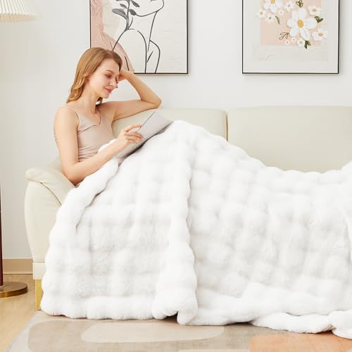 Latepis White Throw Blanket for Couch, Soft Faux Fur Bubble Blankets for Sofa Bedroom Living Room, Cozy Warm Fluffy Blanket for Winter, Great Birthday Gift Selection, 50x60 Inch, 860GSM - Image 2