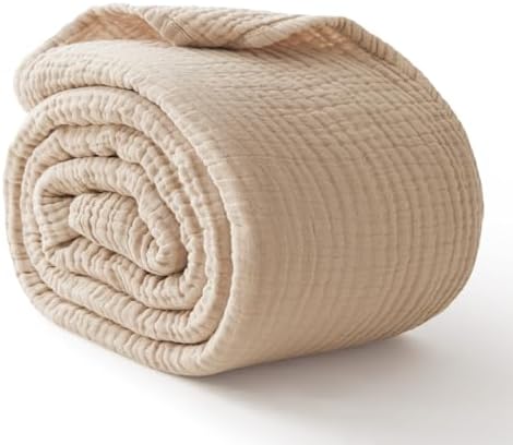 100% Cotton Muslin Blanket California King 120" x 90", 6 Layers Breathable and Lightweight Oversized Blankets for Bed, Soft Cooling Gauze Blanket for Adults All Season, Beige by Kozyhvn