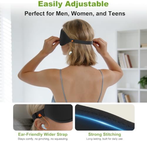 3D Contoured Sleep Mask with Earplug Keeper,Earbuds Anti-Loss,100% Pressure-Free & Total Light Blocking Eye Mask with Adjustable Strap. Ideal for Sleep Earplug User, Airplane Travel, Meditation,Grey - Image 6