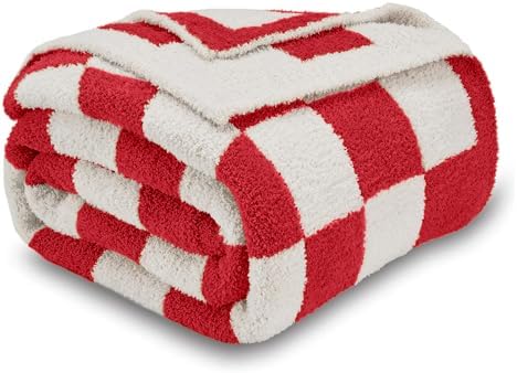 CozeCube Christmas Red Reversible Checkered Knit Throw Blanket 50"x60" by CozeCube