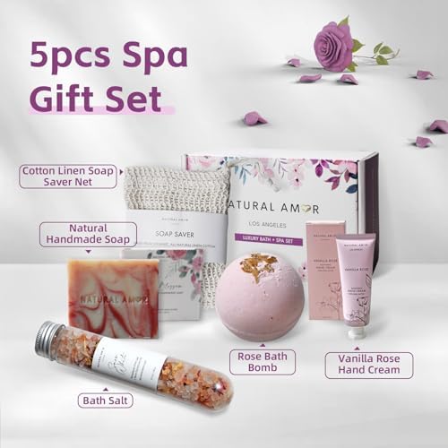 Rose Bath Spa Gift for Women,Handmade Spa gift for her, 5pc Bath & Body Gift Including Soap Bar, Hand Cream, Bath Salt, Soap Saver, Bath Bomb,Self Care Package by Natural Amor - Image 2