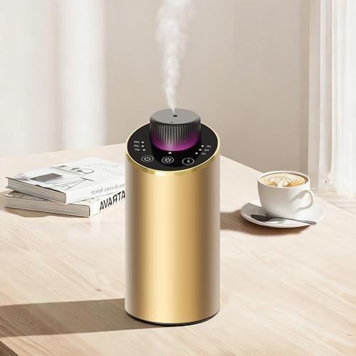 Waterless Essential Oil Diffuser Aromatherapy Scent Diffusers for Home Large Room, Bedroom, Car, Office, Desk, Battery Operated Mini Portable Air Freshener, 3 Countdown Timers & 3 Mist Levels, Gold by INXDOLHOM