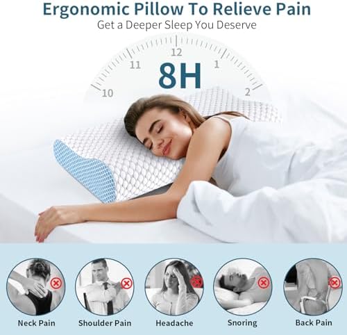 Cervical Pillow for Neck Pain Relief, Contour Memory Foam Pillows for Sleeping, Odorless Ergonomic Pillow Adjustable Orthopedic Cooling Pillow Bed Pillow Neck Support for All Sleepers (White & Blue) - Image 2