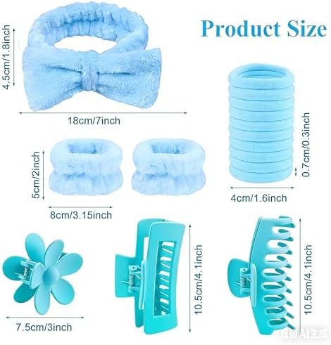 16pcs Skincare Headband Set, Headband Set for Face Washing Spa and Makeup, Including 1 Hairband, Wristband, 3 Hair Claw Clips and 10 Hair Ties, with Box, Gift for Women and Girls, Blue - Image 6