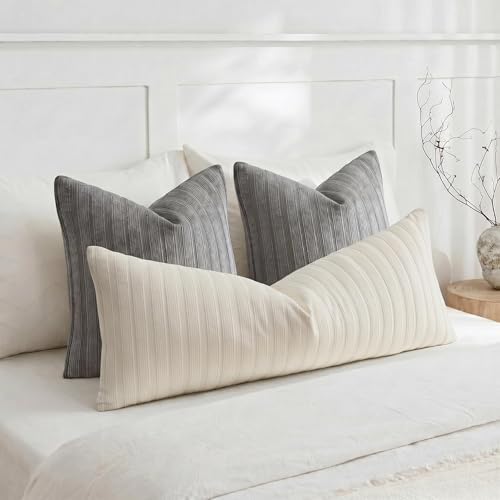 DEZENE 14x36 Cream Lumbar Pillow Covers Soft Striped Corduroy Farmhouse Rectangular Long Body Pillow Cases for Couch Sofa Bedroom Living Room Home Decor - Image 4