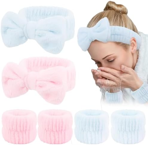 WHAVEL 6PCS Spa Headband and Wristbands Set, Face Wash Headband Wrist Bands for Washing Face Skincare Makeup Hair Band Skin Care Accessories Tools，Blue&Pink by Whavel