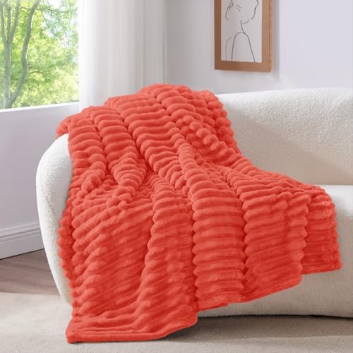 BEDELITE Ribbed Twin Blanket for Couch & Bed, Coral Red, 60"x80" - Image 2