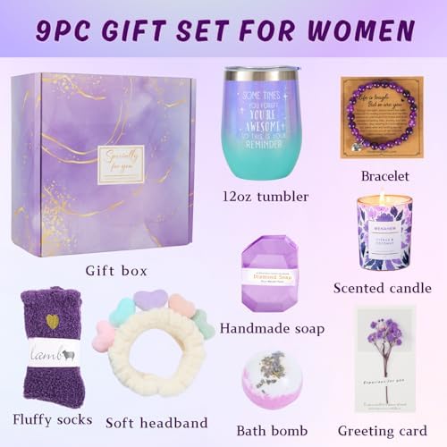 Get Well Baskets for Women, 9pc Happy Birthday Gifts, Lavender Sympathy Care Package Get Well Soon Relaxation Spa Gift Set for Her Mom Wife Girlfriend Bestie Mother Christmas - Image 2