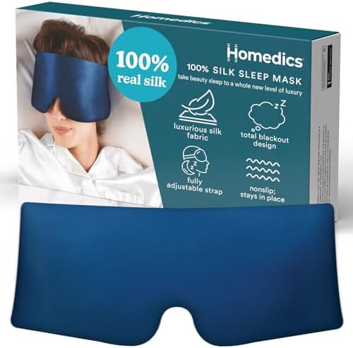 Homedics 100% Silk Sleep Mask, Mulberry Silk, Total Blackout, Nonslip Grip, Adjustable Strap for Custom Fit, Hand Washable, Comfortable for Travel & Home - Midnight Blue by Homedics