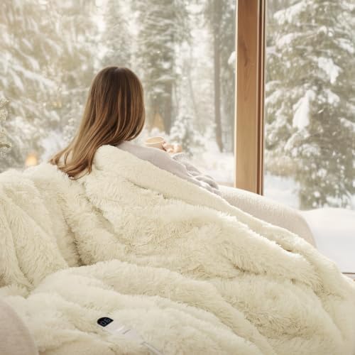 Bedsure Faux Fur Heated Blanket Throw Blanket, Fast Heating Fluffy Electric Blanket, Heated Throw with 4 Time Settings & 6 Heating Settings, Cozy Gifts for Women Men(50x60 inches, Cream) - Image 6
