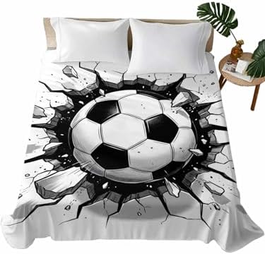 Full Flat Sheet 3D Sports Flat Sheets Only Soft Breathable Microfiber Bedding Top Sheets Luxury Hotel Quality Soccer Break Through Wall Full Bed Sheet for All Season Bedroom Dorm Home Decor by LooPoP